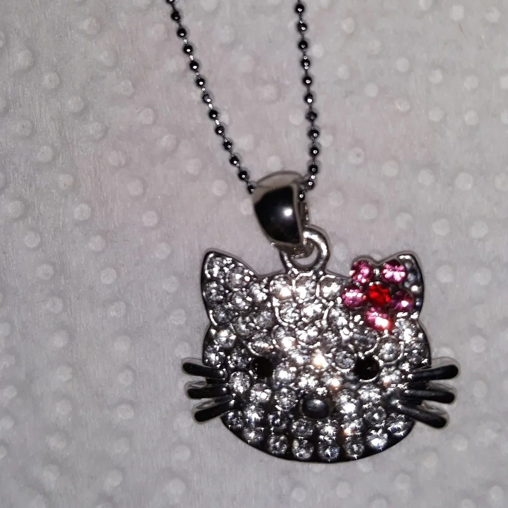 Hello Kitty Crystal Charm Necklace silver plate over stainless 16-18
